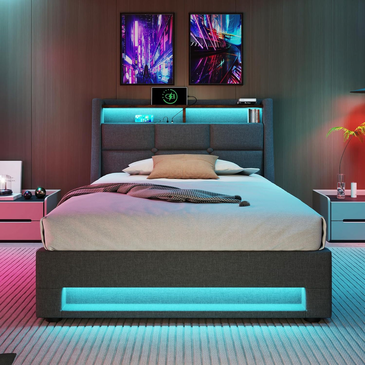 Cama tapizada Kayan 90x200cm, cama individual con almacenamiento y somier, cabecero LED con función de carga USB, cama con almacenamiento, cama funcional, respaldo, estructura de cama, lino (Gris, 90x200cm)