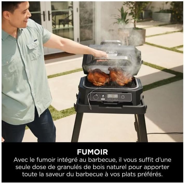 Ninja Woodfire Parrilla eléctrica, ahumador y freidora de aire, barbacoa para exteriores 7 en 1, freír con aire, ahumar, asar, hornear y más, resistente a la intemperie, antiadherente, portátil, eléctrica, gris/negro OG701EU
