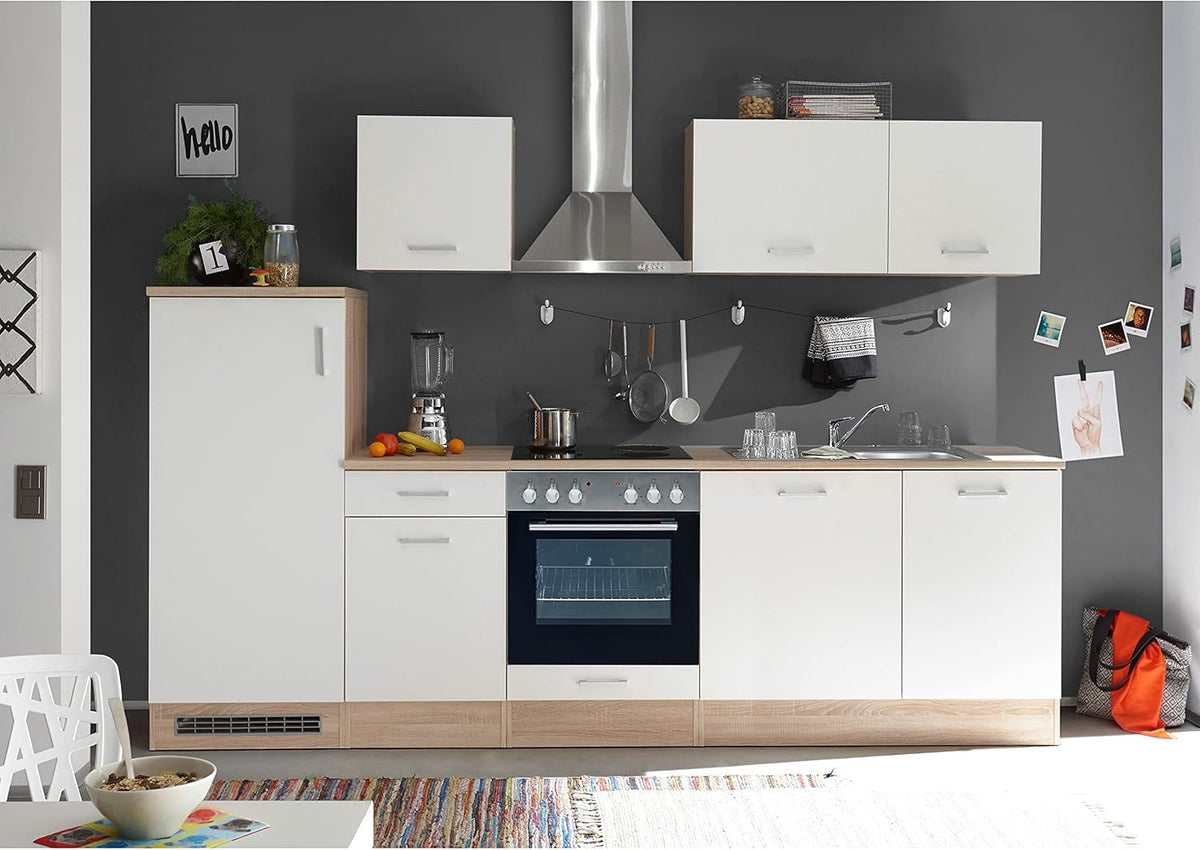 Cocina lineal moderna Stella Trading sin electrodomésticos en aspecto roble Sonoma, blanco mate - Cocina equipada espaciosa con mucho espacio de almacenamiento - 280 x 195 x 60 cm (ancho/alto/fondo)