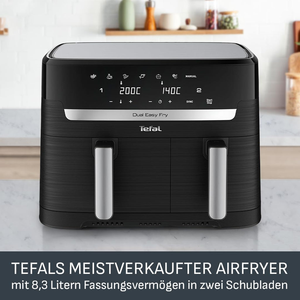 Freidora de aire Tefal Dual Easy Fry de 8,3 l: freidora de aire con 2 compartimentos y cajón XL, 7 programas, 2700 W, tecnología Extra-Crisp, fritura baja en grasa y ahorro de energía, apta para lavavajillas EY9018