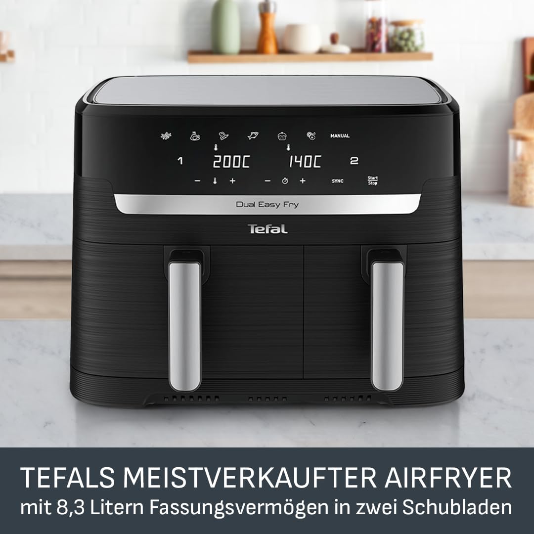 Freidora de aire Tefal Dual Easy Fry de 8,3 l: freidora de aire con 2 compartimentos y cajón XL, 7 programas, 2700 W, tecnología Extra-Crisp, fritura baja en grasa y ahorro de energía, apta para lavavajillas EY9018