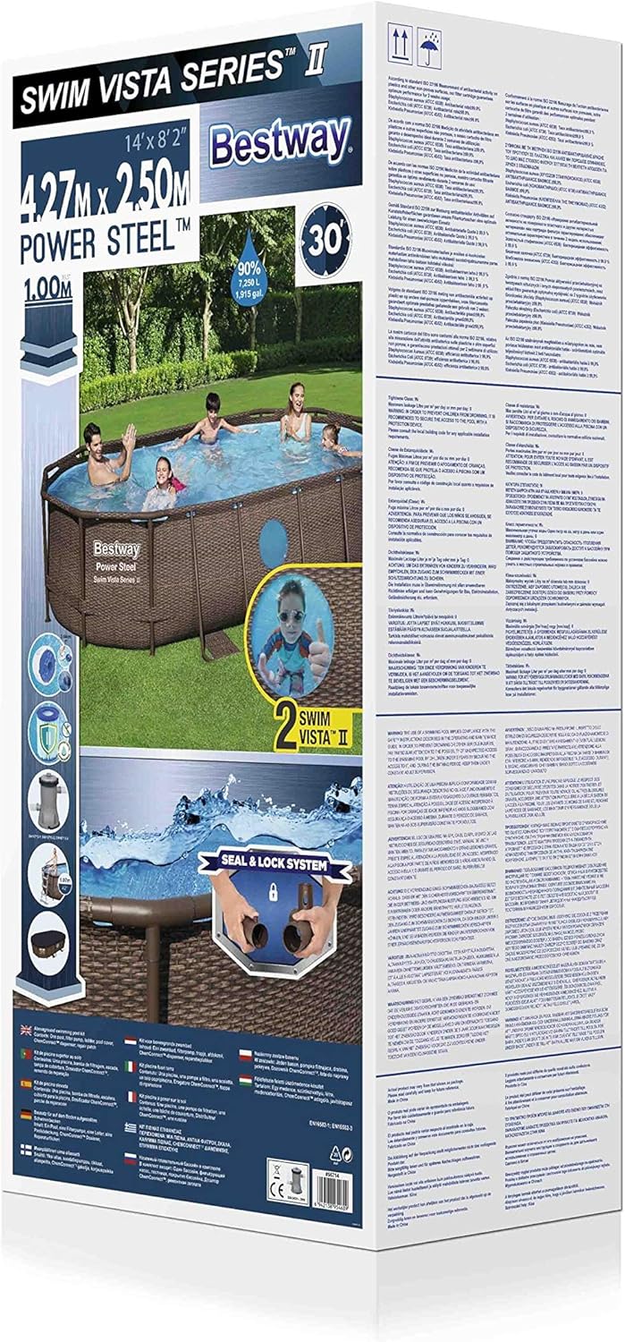BESTWAY - Piscina Desmontable Tubular Power Steel 427x250x100 cm Depuradora de Cartucho 2.006 l/h Escalera y Cobertor Diseño Ratán