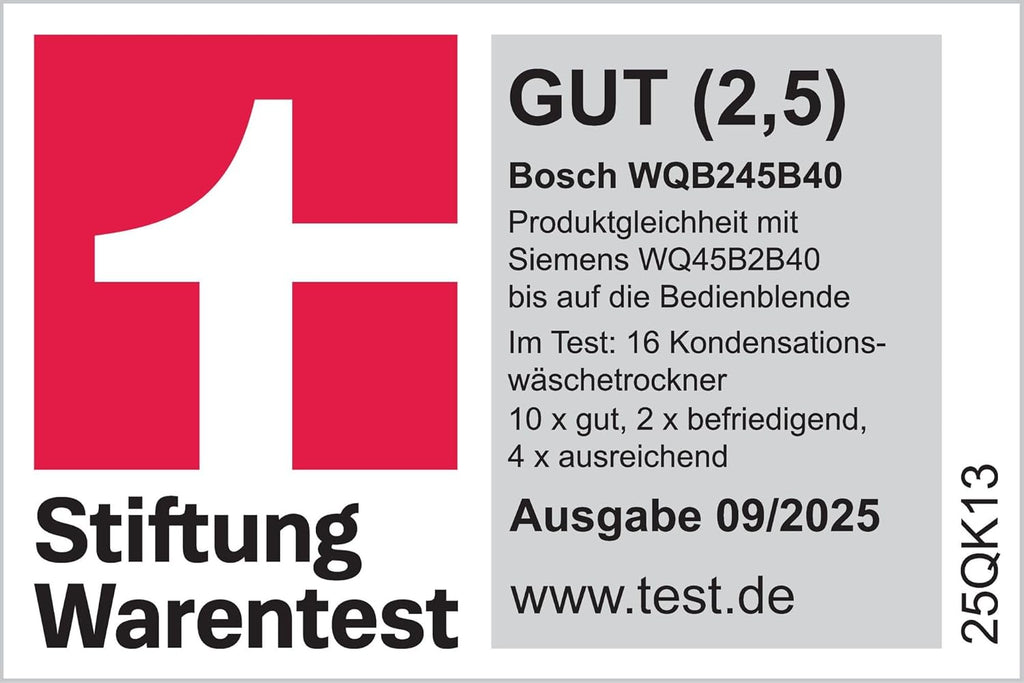 Bosch WQB245B40, Stiftung Warentest BIEN (2,5), Secadora con bomba de calor inteligente Serie 8, 9 kg, secado controlado por sensores AutoDry, programa automático SmartDry, pantalla LED, condensador autolimpiante