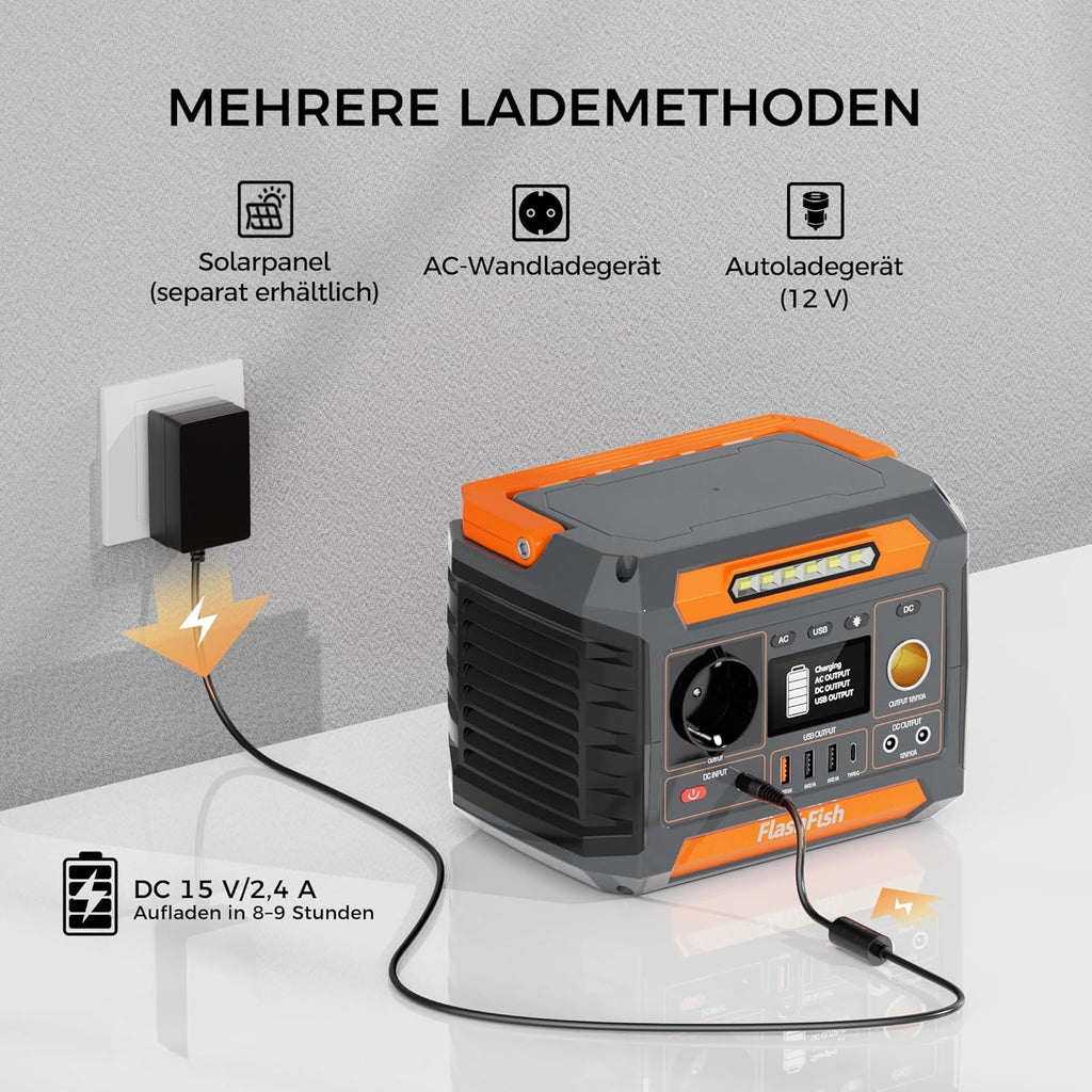 Estación de energía portátil FlashFish de 230Wh con panel solar de 60W, generador solar de 300W (pico de 600W) con 2 puertos CC, 4 puertos USB, luces LED, generador de emergencia para camping, viajes y cortes de energía