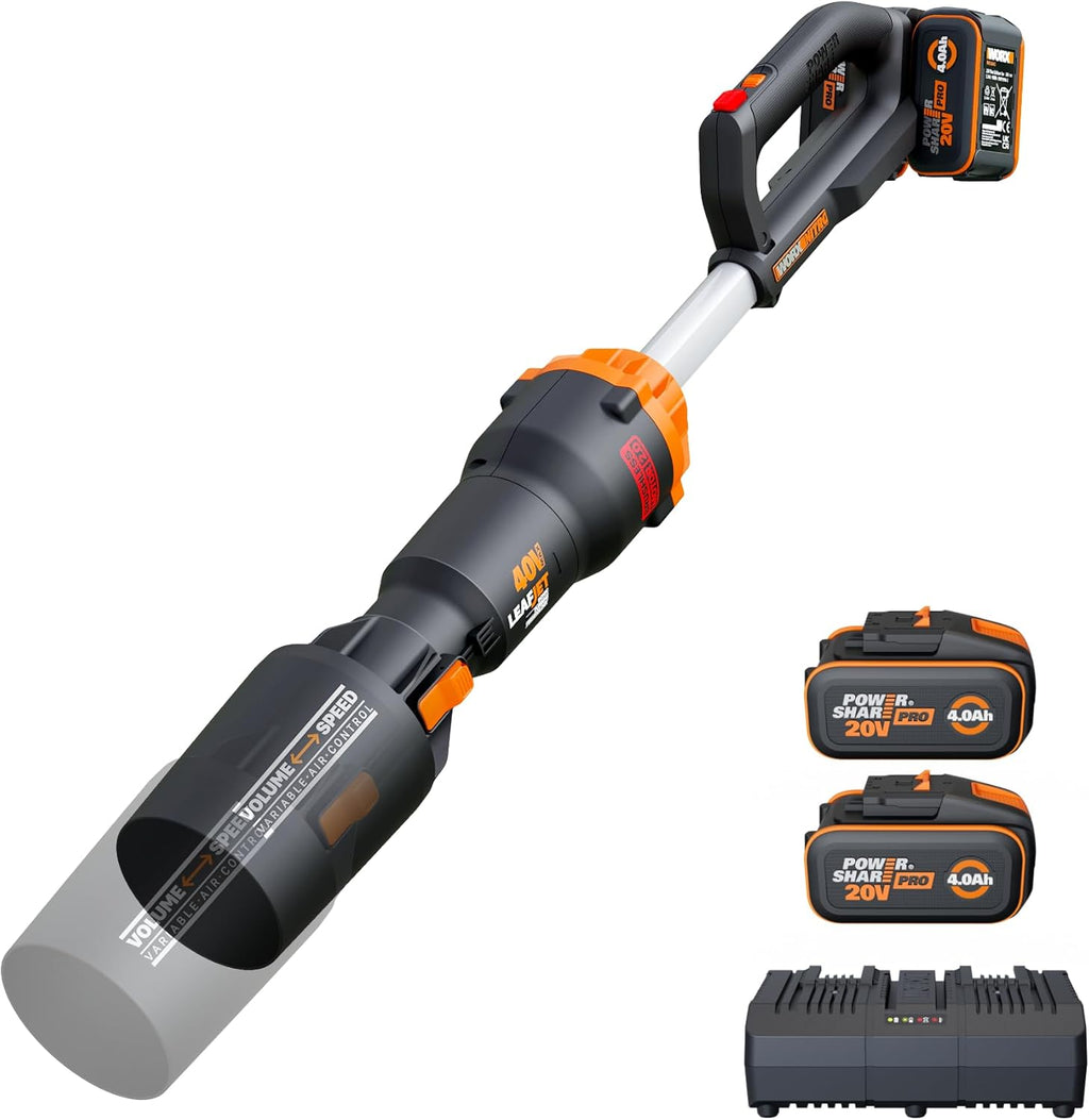 Soplador de hojas inalámbrico WORX Nitro 40V WG585E - motor sin escobillas - 3 velocidades y modo turbo - velocidad del aire 266 km/h - caudal de aire 1053 m³/h - incluye 2 baterías de 4Ah y cargador rápido doble de 4A