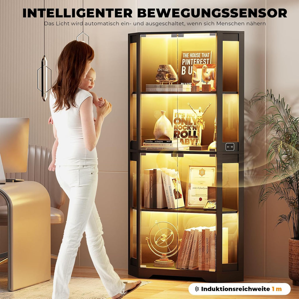 Vitrina esquinera BROTTAR con puertas de cristal, estantería esquinera alta de 165 cm con iluminación LED de 3 colores, armario expositor de 4 niveles con sensor inteligente para salón, dormitorio u oficina, negro
