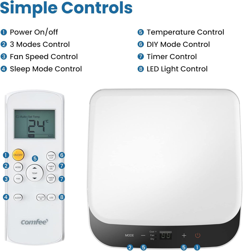 Aire acondicionado portátil Comfee Breezy Cool Pro 2.6, 9000 BTU 2,6 kW, refrigeración, ventilación y deshumidificación, control por aplicación, para habitaciones de hasta 88 m³ (33 m²), aire acondicionado móvil con tubo de escape