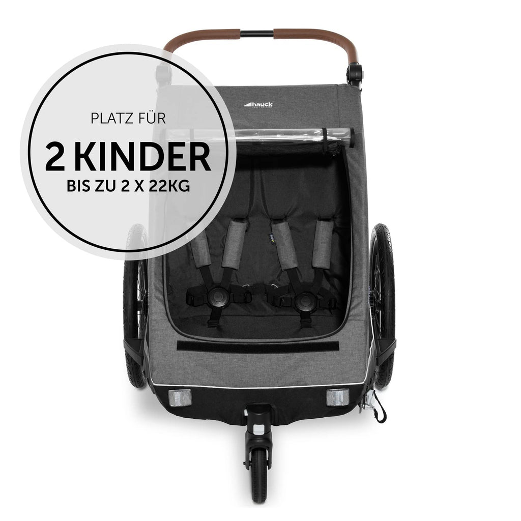 hauck Remolque de bicicleta y cochecito Dryk Duo Plus con suspensión, para 2 niños (6-48 meses), incluye barra de tiro, rueda de cochecito, bandera y luz LED, plegable, altura ajustable, maletero XL (verde oscuro)
