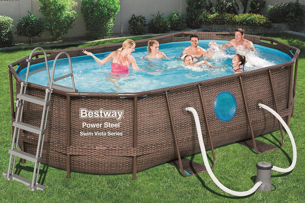 BESTWAY - Piscina Desmontable Tubular Power Steel 427x250x100 cm Depuradora de Cartucho 2.006 l/h Escalera y Cobertor Diseño Ratán