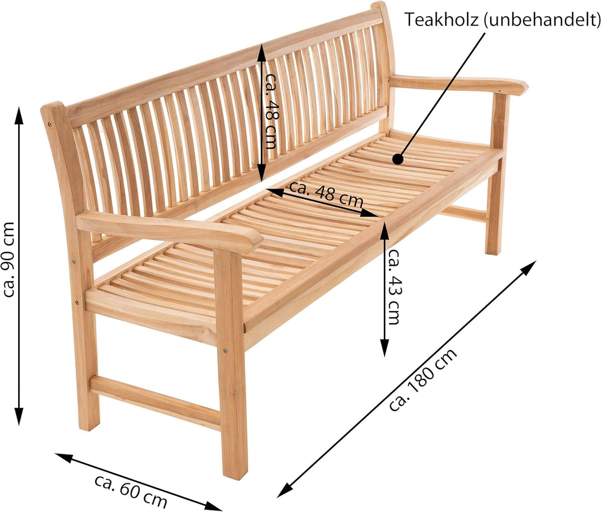 Banco de jardín Divero de 3 plazas Monza de madera de teca, sin tratar – Longitud: 180 cm – Color: Marrón natural