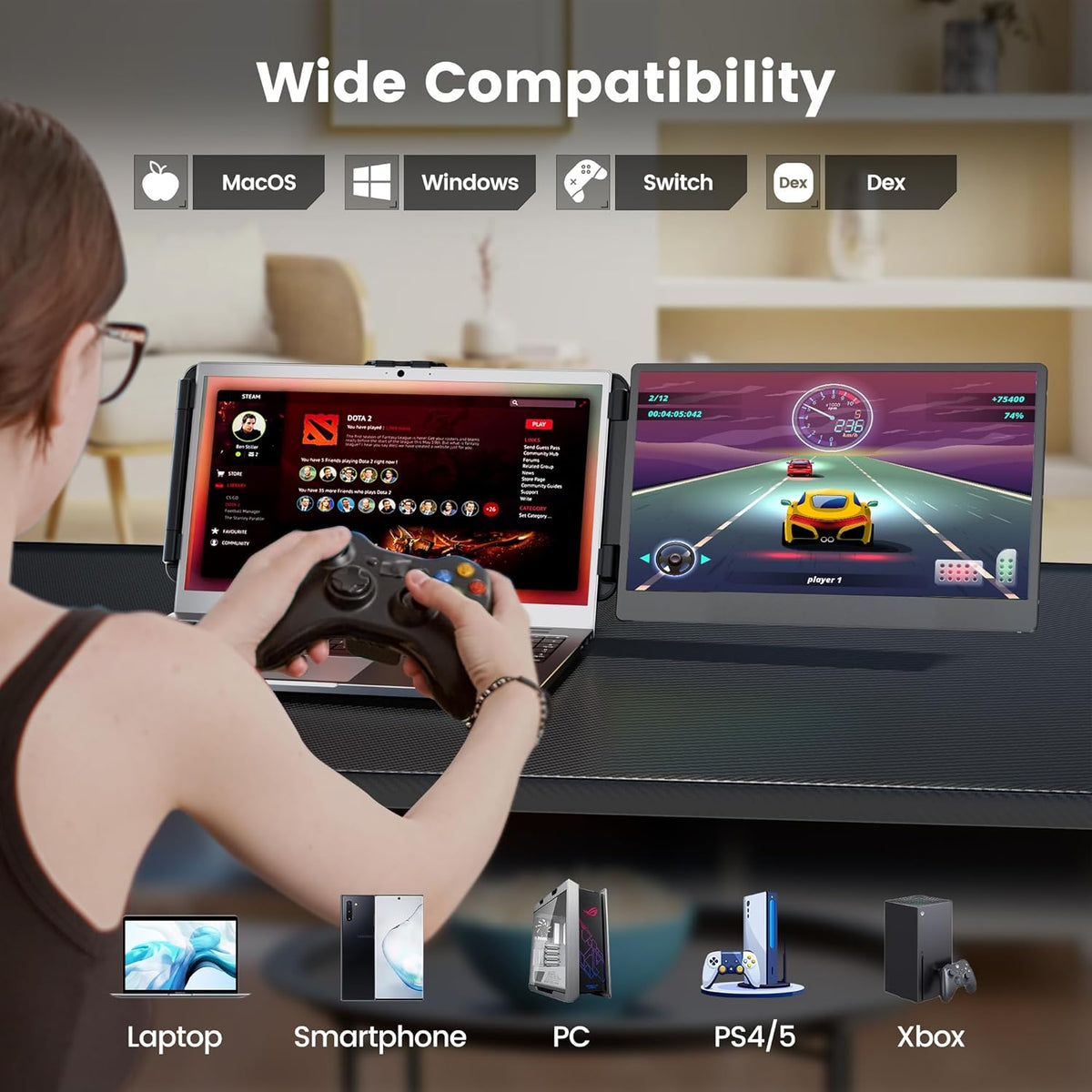 Monitor para portátil domyfan, extensión de pantalla doble FHD de 14" 1080P para portátil, Plug and Play, para Windows, Mac, Chrome, Android, Xbox, Switch, PS5, con 13.3"-17"