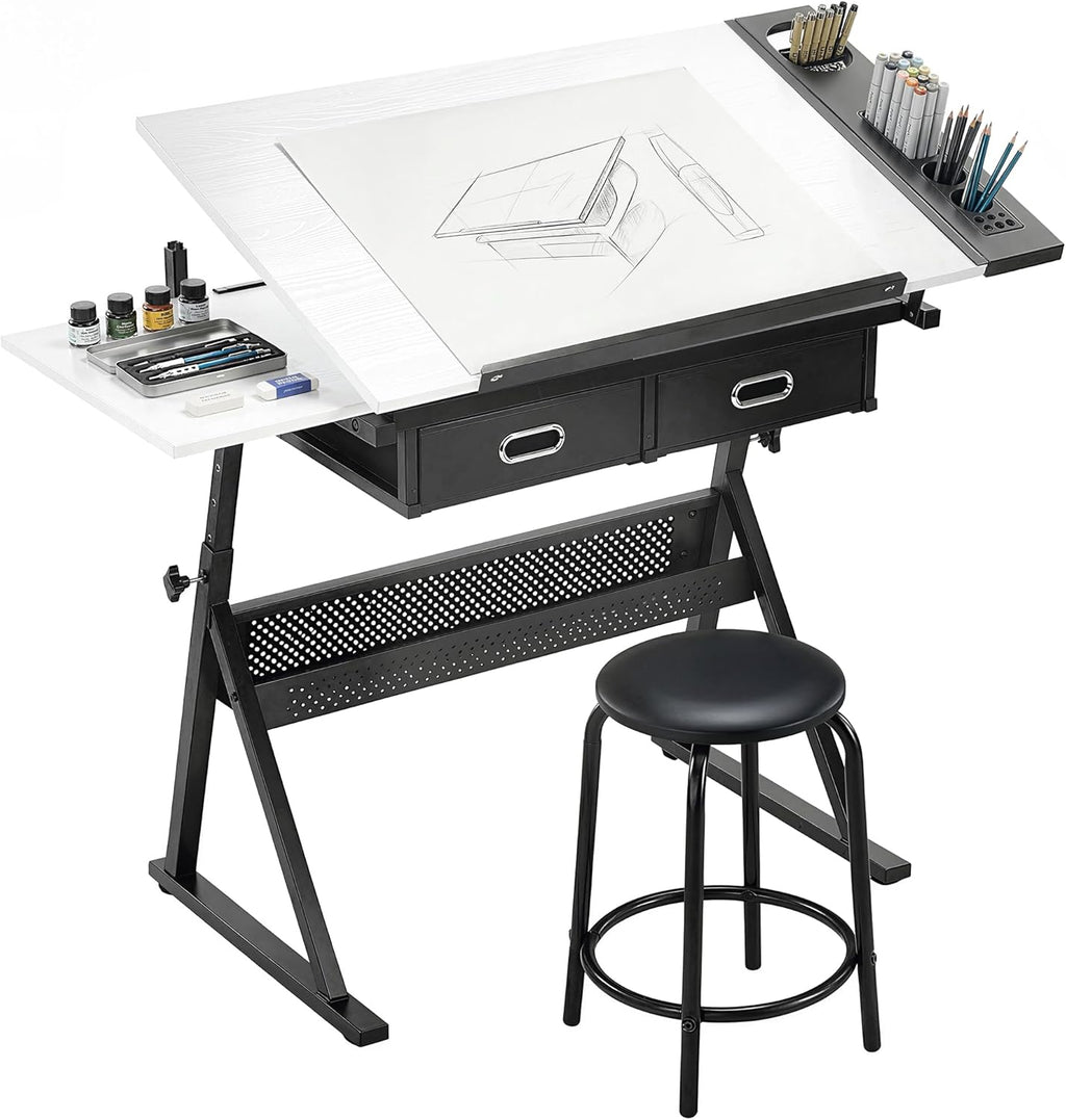Mesa de dibujo HOMCOM con taburete, mesa de arquitecto, mesa de trabajo ajustable en altura con tablero inclinable y 2 cajones, escritorio para estudiantes, arquitectos y artistas, blanco