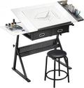 Mesa de dibujo HOMCOM con taburete, mesa de arquitecto, mesa de trabajo ajustable en altura con tablero inclinable y 2 cajones, escritorio para estudiantes, arquitectos y artistas, blanco