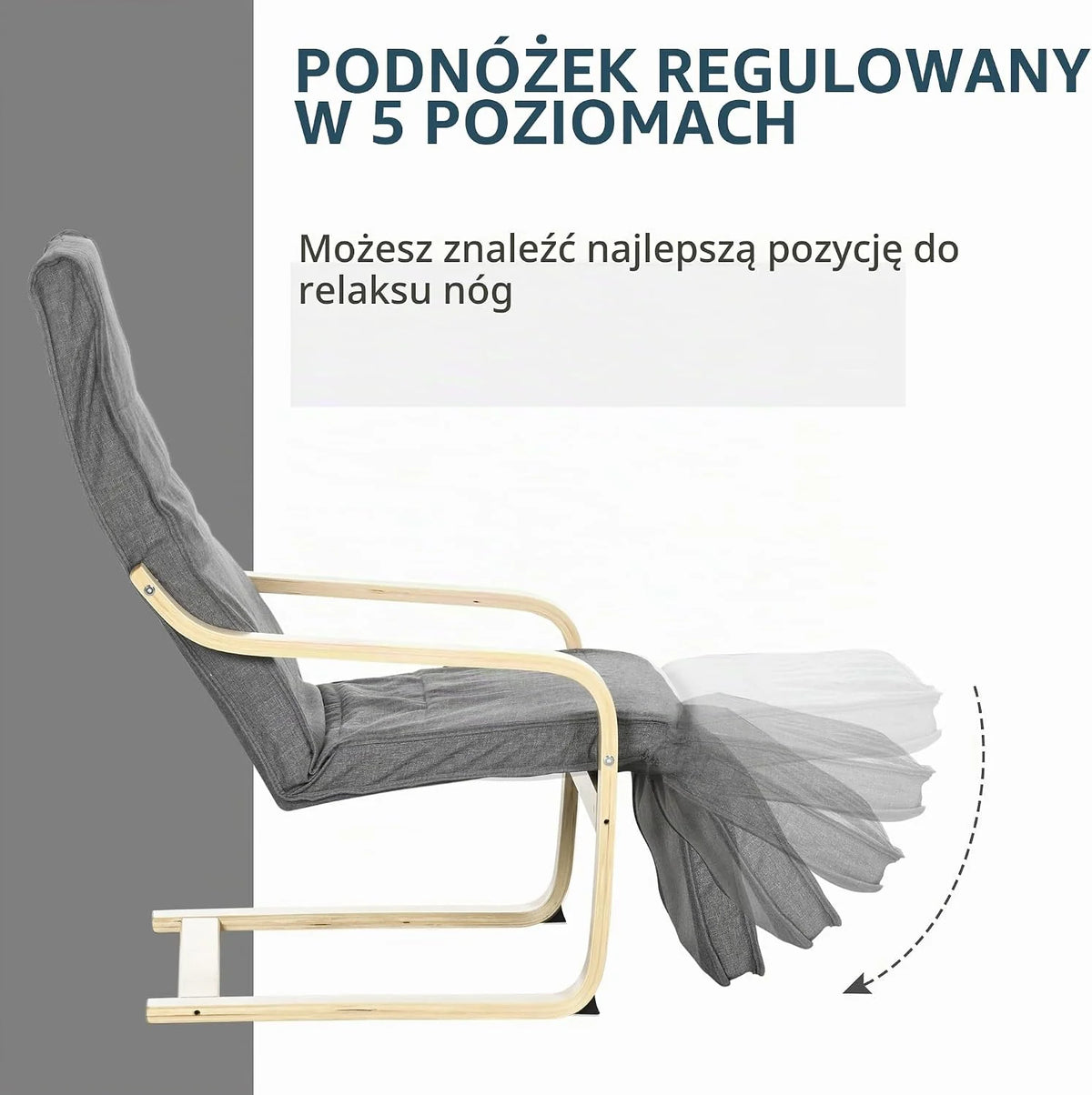HOMCOM Fotel z podłokietnikami, 5-stopniowo regulowany podnóżek, Szary