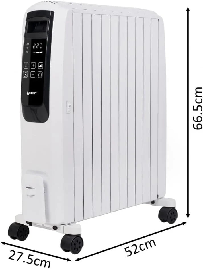 Yoer Inferno OFR1025W, Elektryczny grzejnik olejowy, 2500W, Efekt komina, Wi-Fi, Pilot, 10 żeberek, Kółka, Nawijacz na przewód, biały