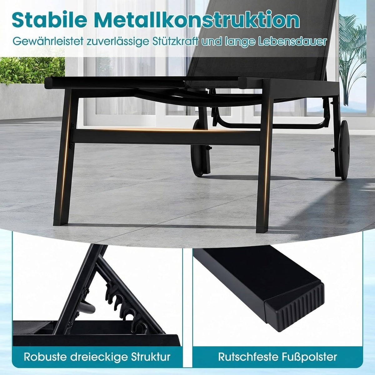 COSTWAY Juego de 2 tumbonas con ruedas, tumbona de jardín con respaldo ajustable y tejido de secado rápido, tumbona con ruedas con capacidad de carga de 150 kg, silla reclinable para jardín, balcón, terraza (negro)