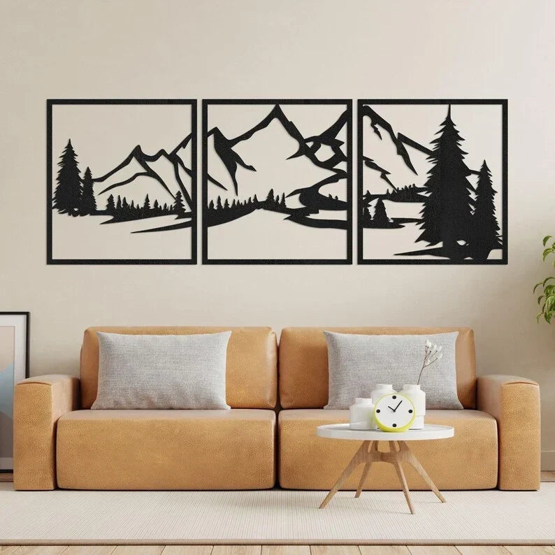 Arte de pared de montañas en madera, HDF 3 mm, decoración de pared rústica para sala de estar, dormitorio, oficina