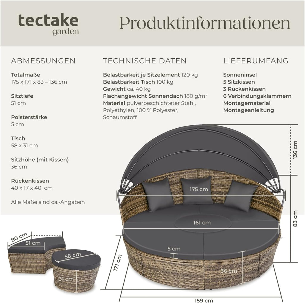 tectake® Sofá cama de jardín, isla solar para exteriores resistente a la intemperie, sillón de jardín, tumbona para 2 personas y más, mueble multifuncional para terraza o balcón, tumbona de jardín resistente a la intemperie - Naturaleza