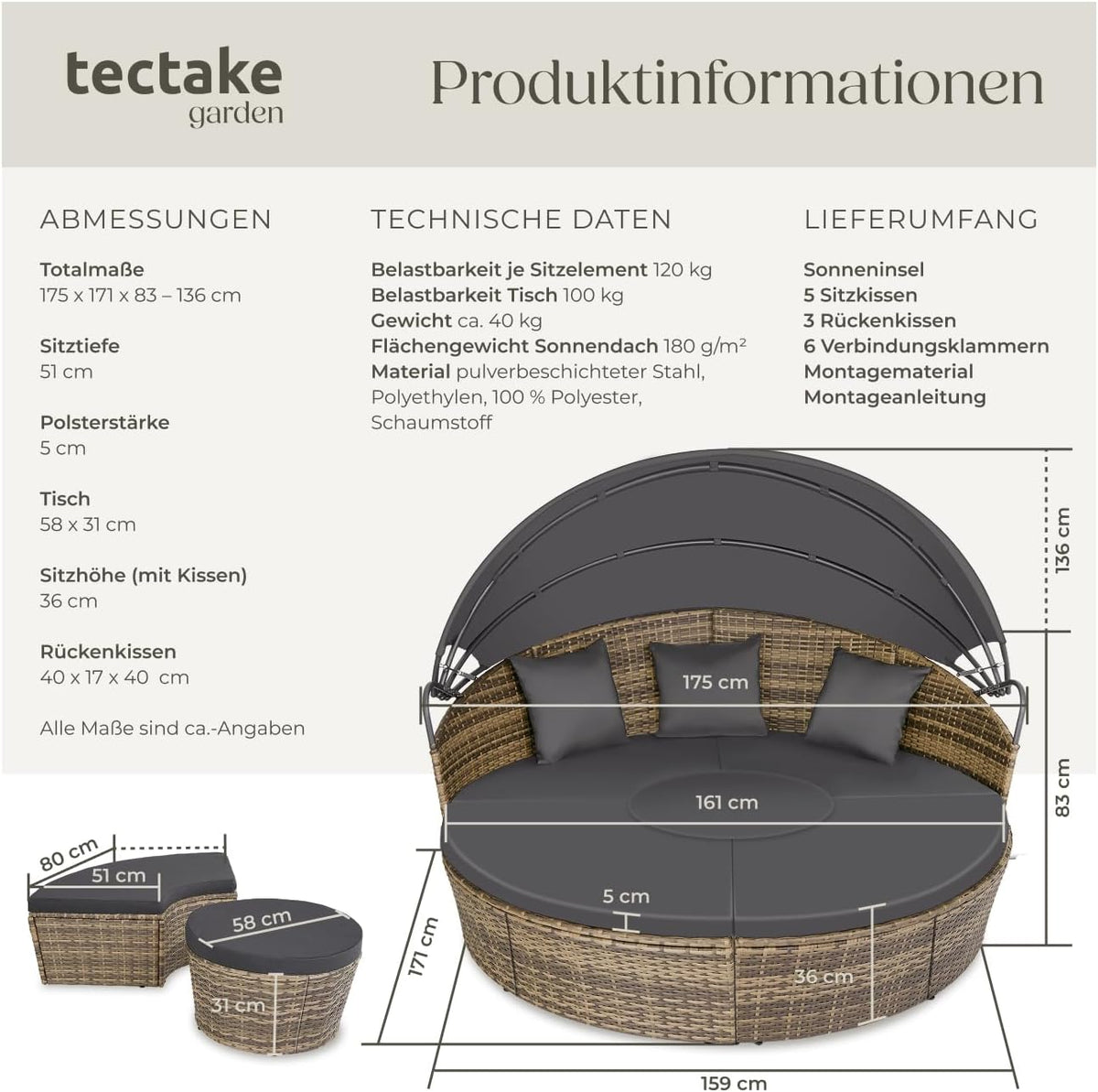 tectake® Sofá cama de jardín, isla solar para exteriores resistente a la intemperie, sillón de jardín, tumbona para 2 personas y más, mueble multifuncional para terraza o balcón, tumbona de jardín resistente a la intemperie - Naturaleza