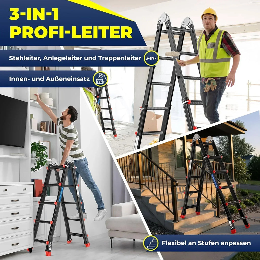 Escalera multiusos de aluminio 6 en 1 19458_mfn 20 peldaños, capacidad de carga de 150 kg, extensible hasta 520 cm, plegable, antideslizante, escalera articulada