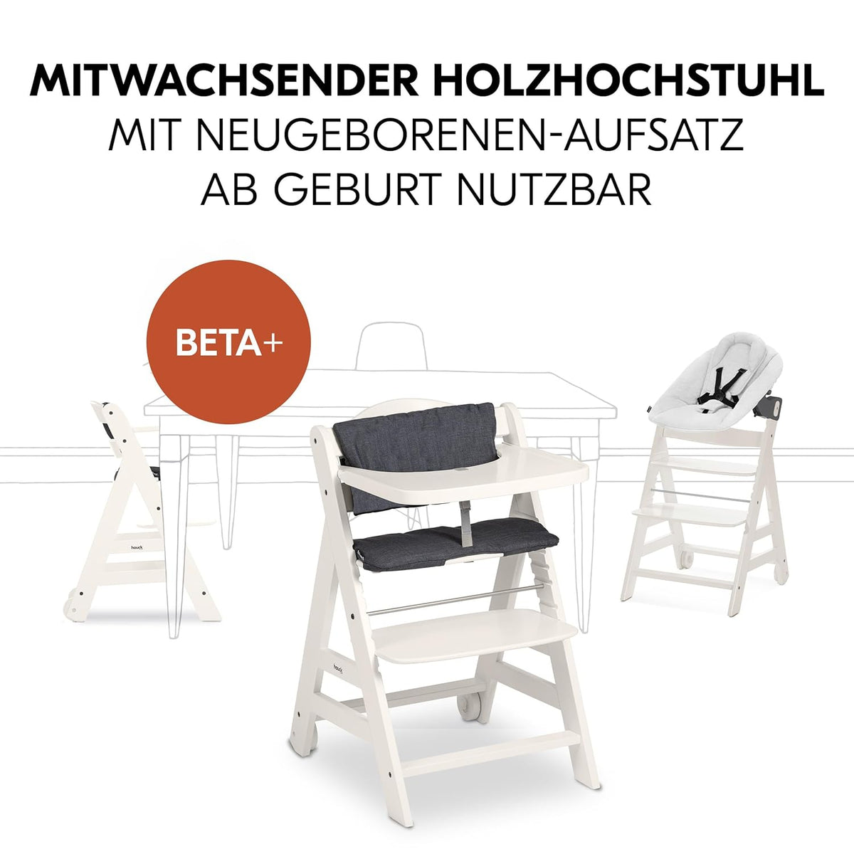 hauck Trona Beta+ Newborn Set Premium Dark Grey - Set de trona para bebé desde el nacimiento con accesorio para recién nacido Bouncer, cojín de asiento y bandeja - Gris oscuro