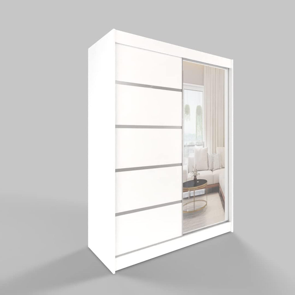 Armario corredero ML Furniture de 150 cm con espejo, armario para dormitorio, armario multiusos para salón - 150 x 200 x 58 cm; color: blanco, armario de puertas correderas