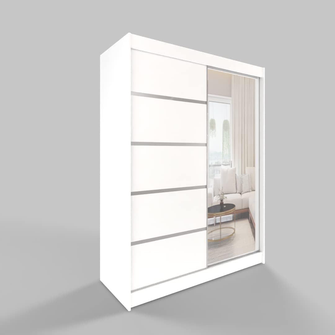 Armario corredero ML Furniture de 150 cm con espejo, armario para dormitorio, armario multiusos para salón - 150 x 200 x 58 cm; color: blanco, armario de puertas correderas