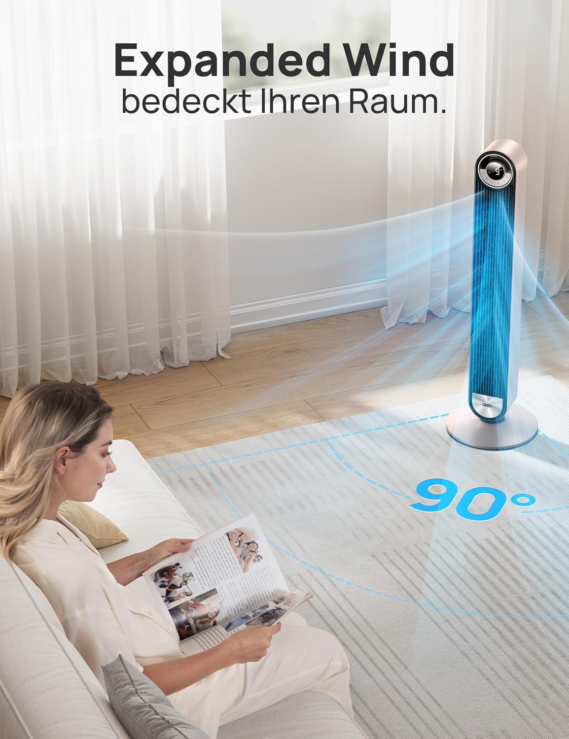 DREO 25dB Ventilador de torre inteligente y silencioso con refrigeración, ventilador de torre WiFi de 106cm compatible con Alexa, oscilación de 90°, control remoto, 9 velocidades, 4 modos, temporizador de 12 horas, control por voz, luz estelar