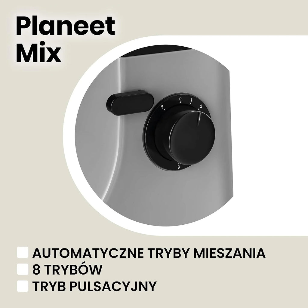 ZEEGMA PLANEET MIX Robot Planetarny 1800 W, Wielofunkcyjny Robot Kuchenny z Misą 5L z Uchwytem i Pokrywką, 8 Prędkości Pracy, 3 Narzędzia Miksujące Panel Dotykowy (Srebrny)
