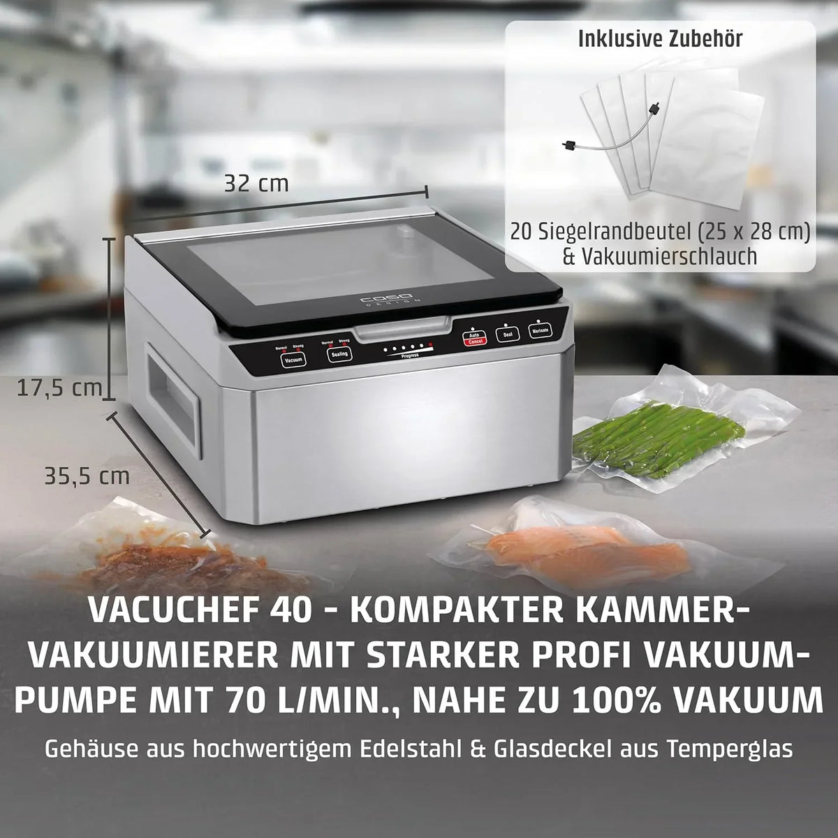 Envasadora al vacío de cámara VacuChef 40 modelo 1417, cámara de vacío de 3 l, 70 l/min, doble costura de sellado, incluye 20 bolsas de vacío