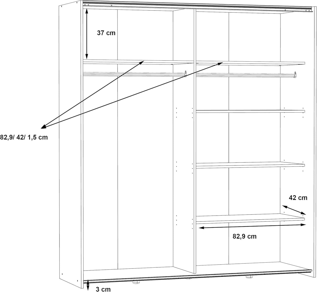 Armario Forte KAIKAIS 170, moderno armario de puertas correderas, 2 puertas, espejo, dormitorio, aglomerado de madera, blanco alto brillo, 170,3 cm de ancho x 190,5 cm de alto x 61,2 cm de profundidad