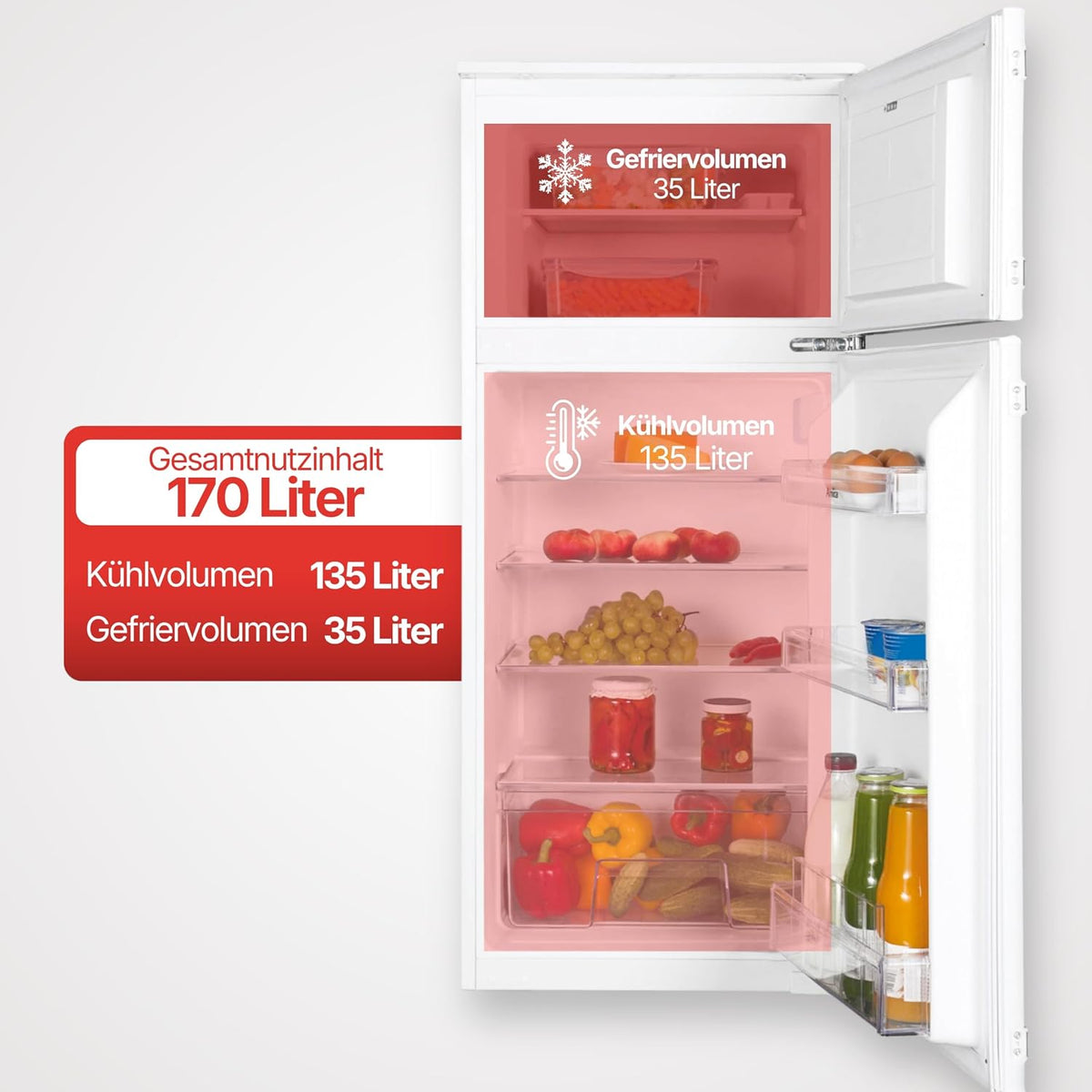 Frigorífico combi integrable Amica de doble puerta con congelador superior para nicho de 122 cm, sistema de puerta deslizante, compresor Inverter, control electrónico, alarma de puerta abierta