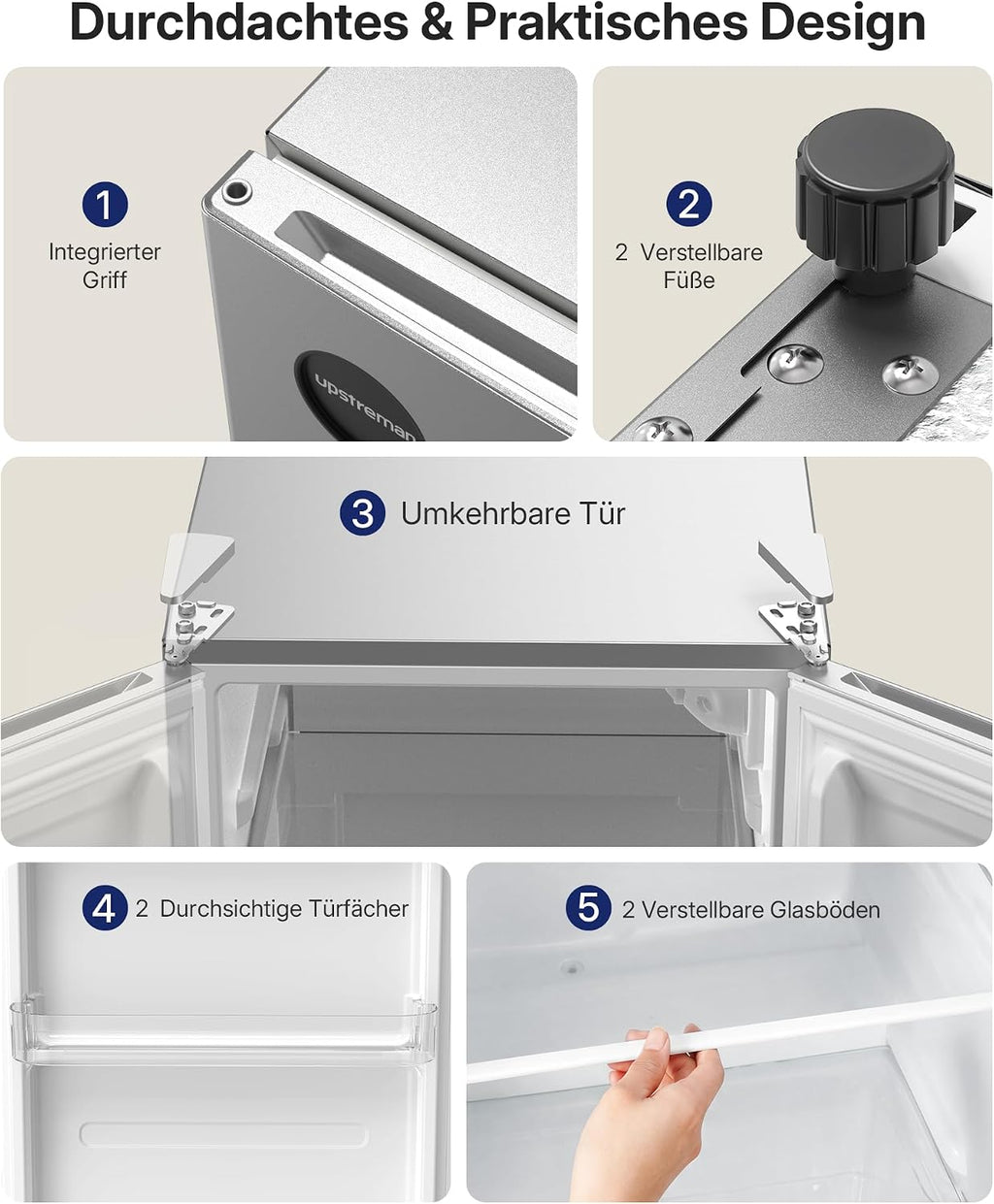 Refrigerador Upstreman 71L sin congelador, 1-10°C, control de temperatura de 7 niveles, iluminación LED, 40 dB silencioso, refrigerador de espacio completo de bajo consumo para dormitorio, oficina, cocina, CR71-Plata