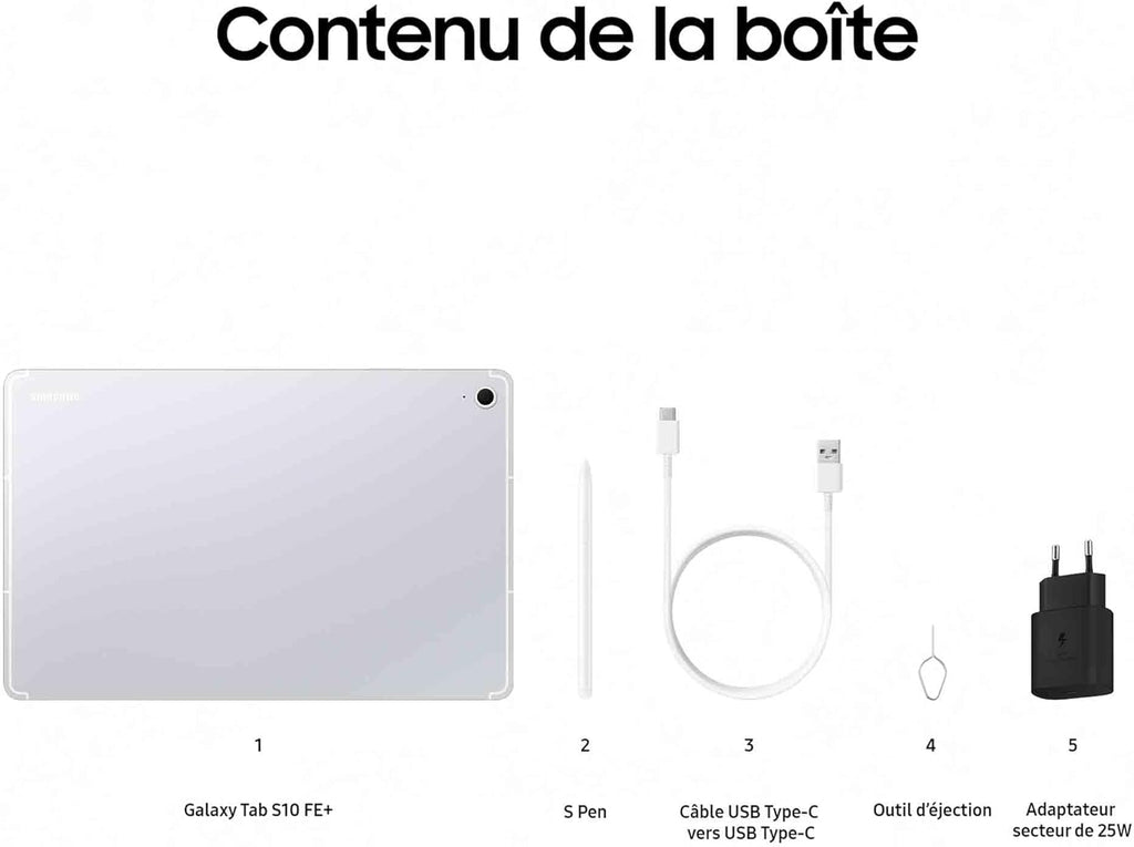Samsung Galaxy Tab S10 FE+, Tablette Android WIFI 13,1" 128 Go, S Pen inclus, Certification IP68, Plata, Chargeur secteur rapide 25W inclus, Version FR
